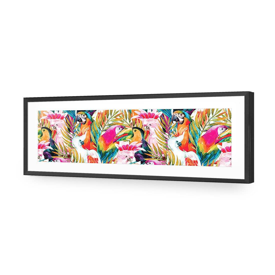 Parrots & Palms, Long-Acrylic-Wall Art Design-With Border-Acrylic - Black Frame-60x20cm-Wall Art Designs