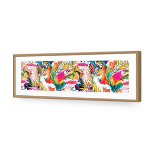 Parrots & Palms, Long | Standard Acrylic | Flat Frame With Border | Oak