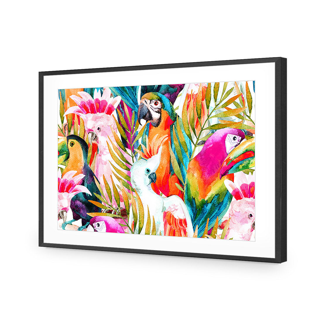 Parrots & Palms, Rectangle | Standard Acrylic | Flat Frame With Border | Black