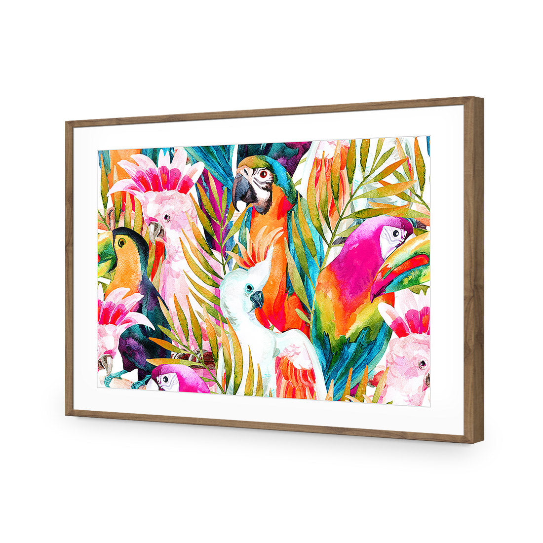 Parrots & Palms, Rectangle | Standard Acrylic | Flat Frame With Border | Natural