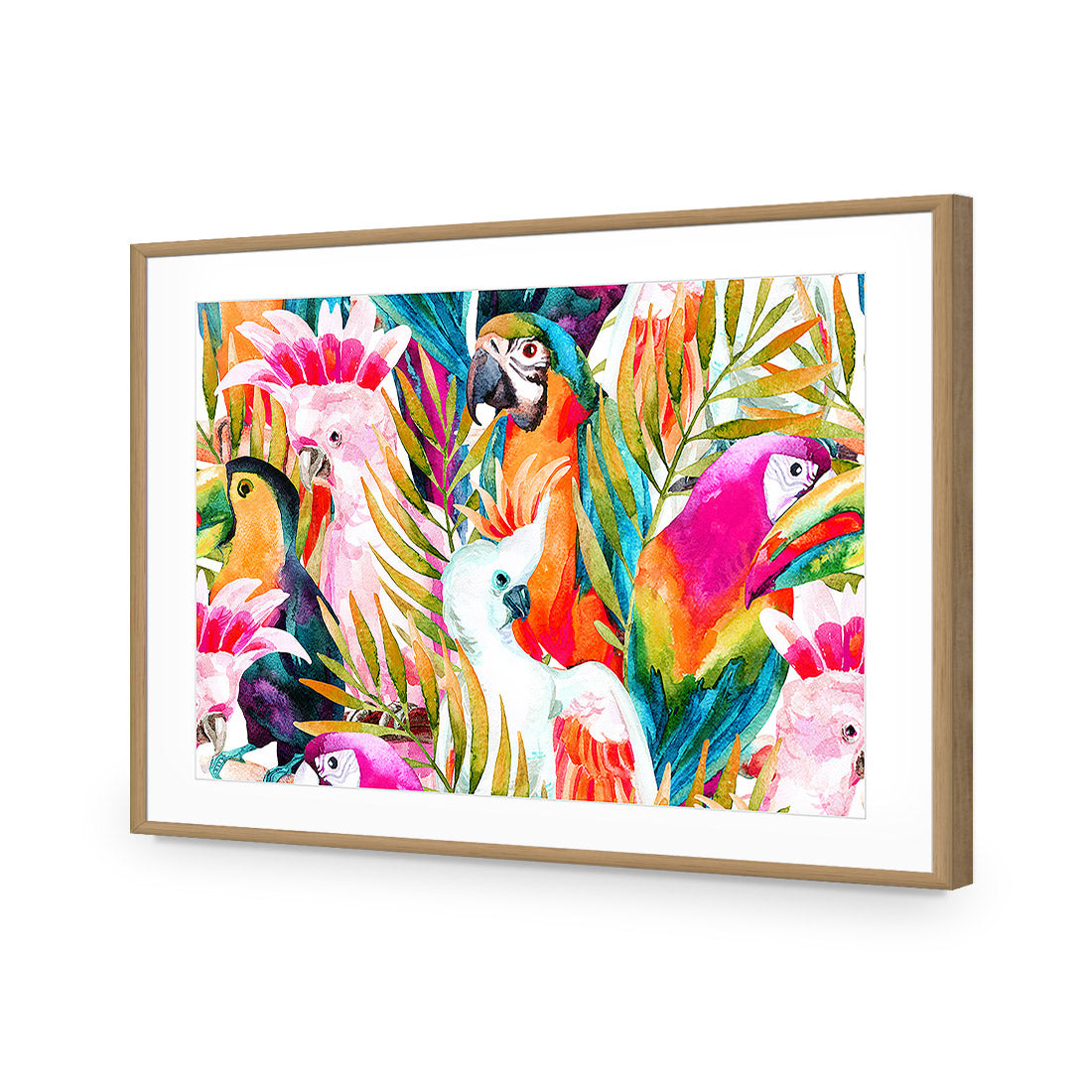 Parrots & Palms, Rectangle | Standard Acrylic | Flat Frame With Border | Oak