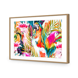 Parrots & Palms, Rectangle | Standard Acrylic | Flat Frame With Border | Oak