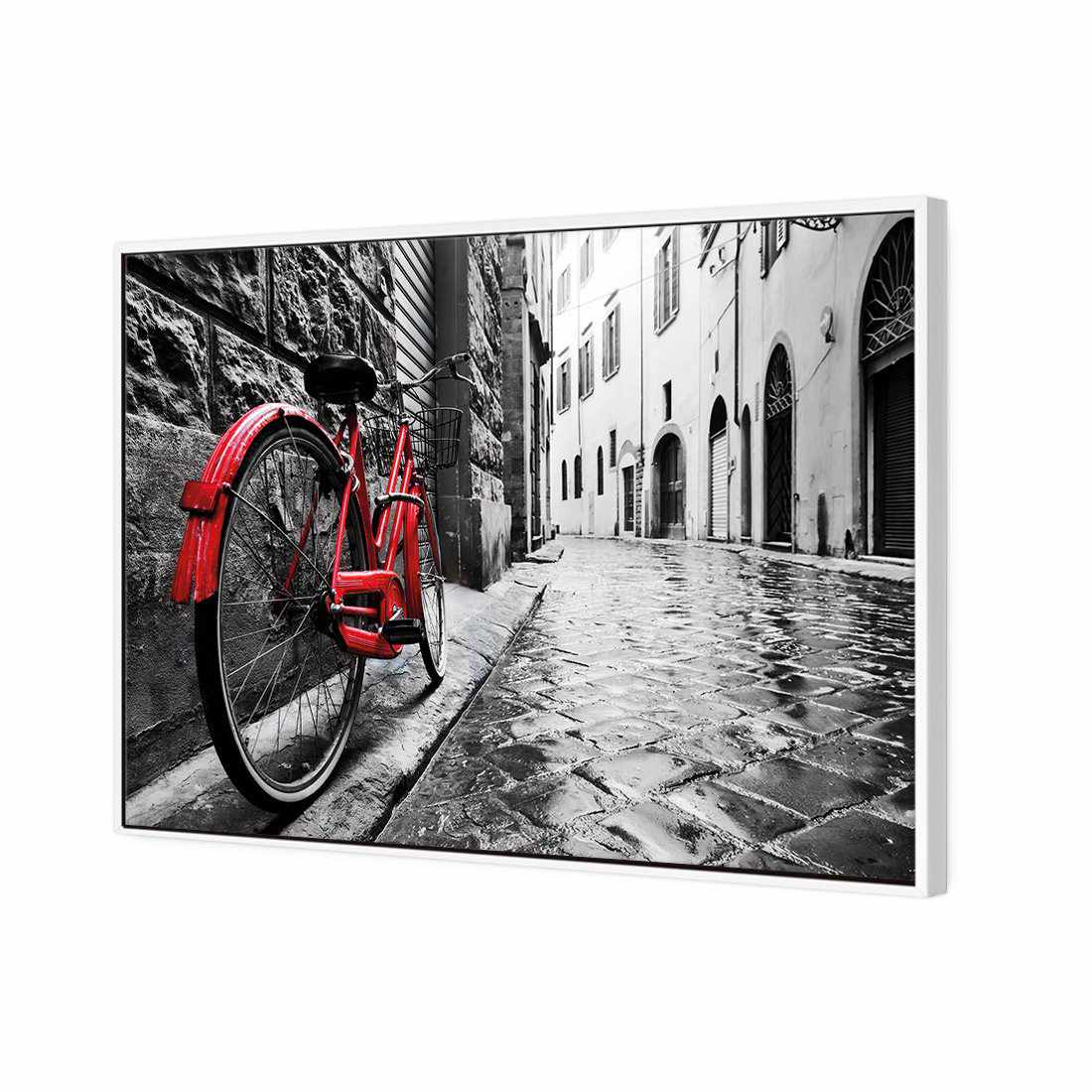 Retro Bike on Cobbles | Classic Canvas | Floating Frame | White