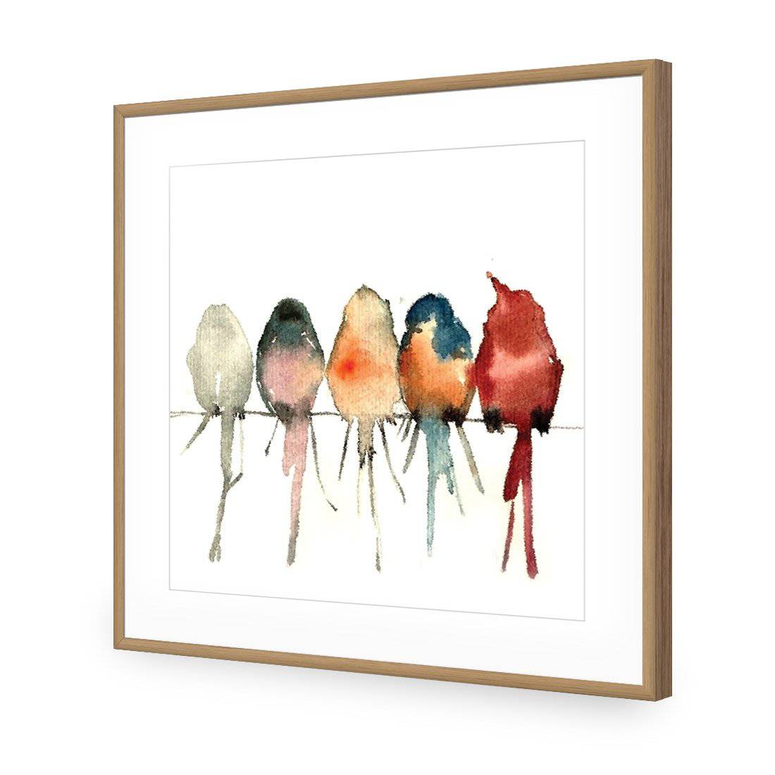Watercolour Birds on Branch-Acrylic-Wall Art Design-With Border-Acrylic - Oak Frame-37x37cm-Wall Art Designs