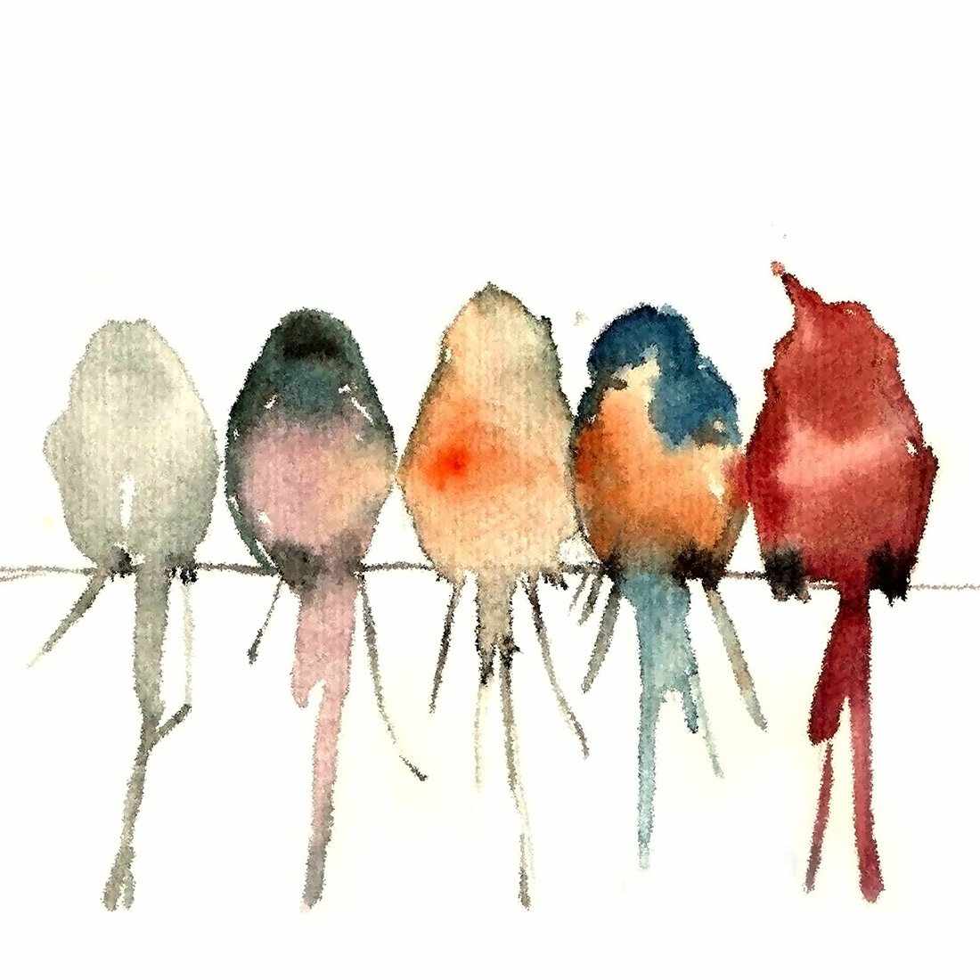 Watercolour Birds on Branch-Acrylic-Wall Art Design-With Border-Acrylic - No Frame-37x37cm-Wall Art Designs