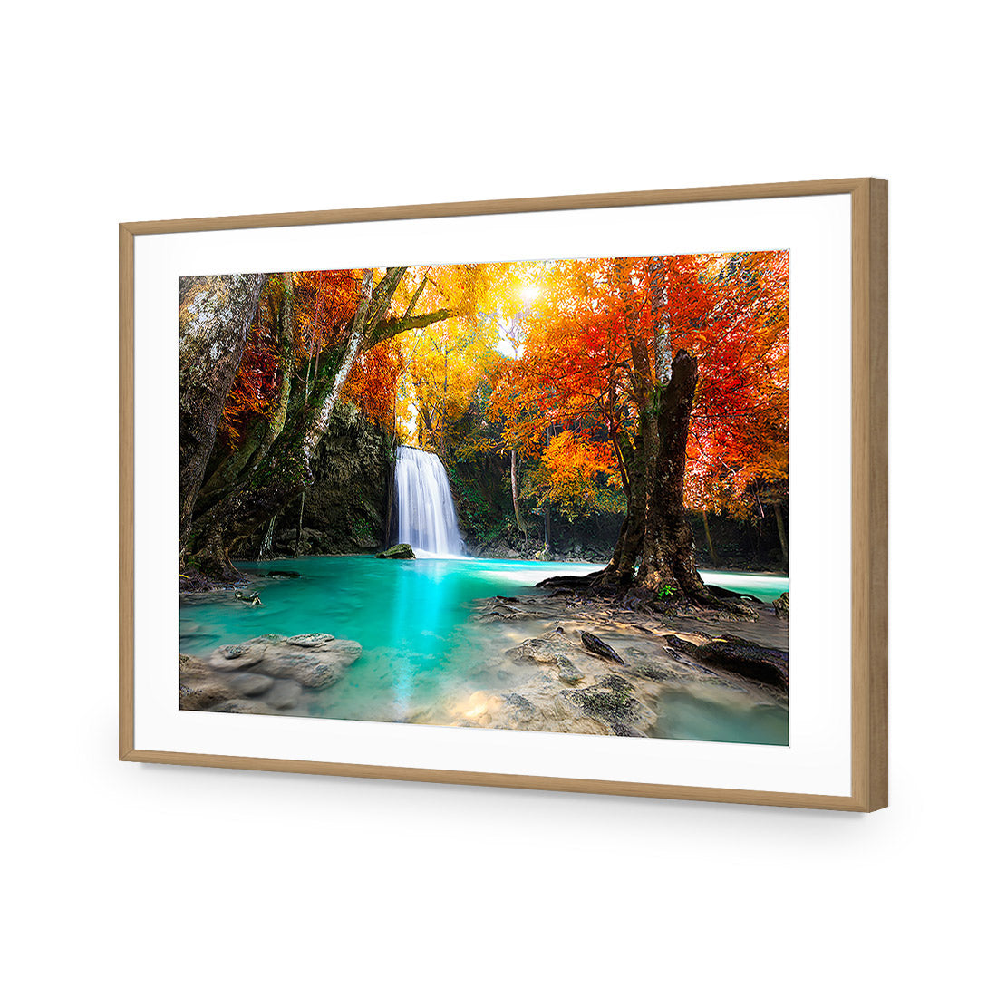 Autumn Waterfall Magic Acrylic Glass Art-Acrylic-Wall Art Design-With Border-Acrylic - Oak Frame-45x30cm-Wall Art Designs