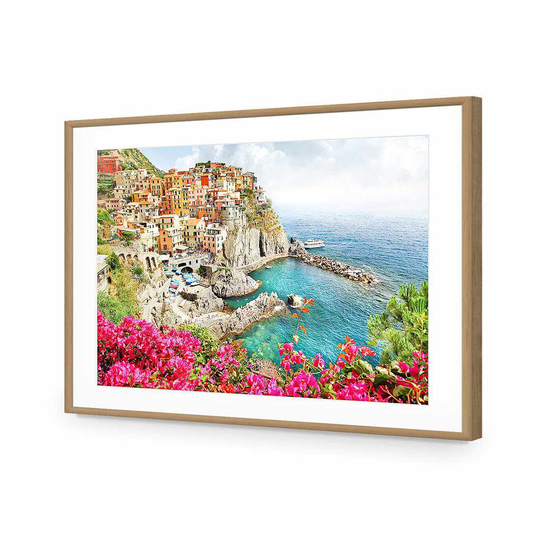 Cinque Terre in Italy-Acrylic-Wall Art Design-With Border-Acrylic - Oak Frame-45x30cm-Wall Art Designs