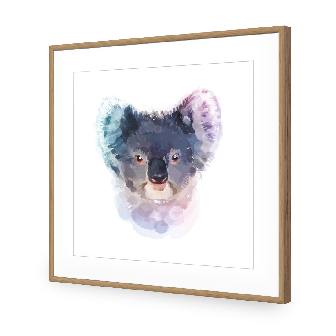 Watercolour Koala, Square | Classic Acrylic | Flat Frame With Border | Oak
